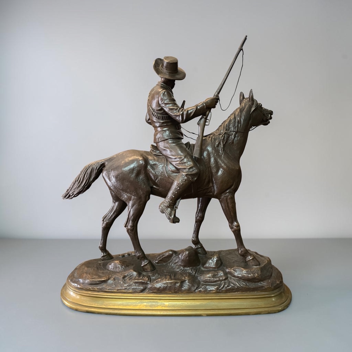 Bronze Sculpture – Cowboy On Horseback, Signed Bouret Delabrièrre – 19th Century-photo-2