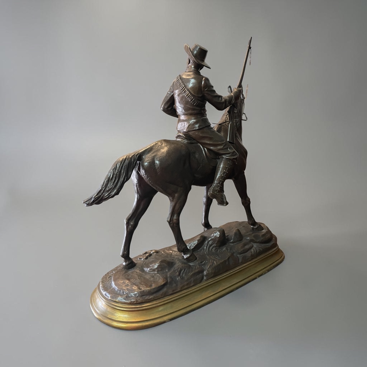 Bronze Sculpture – Cowboy On Horseback, Signed Bouret Delabrièrre – 19th Century-photo-3
