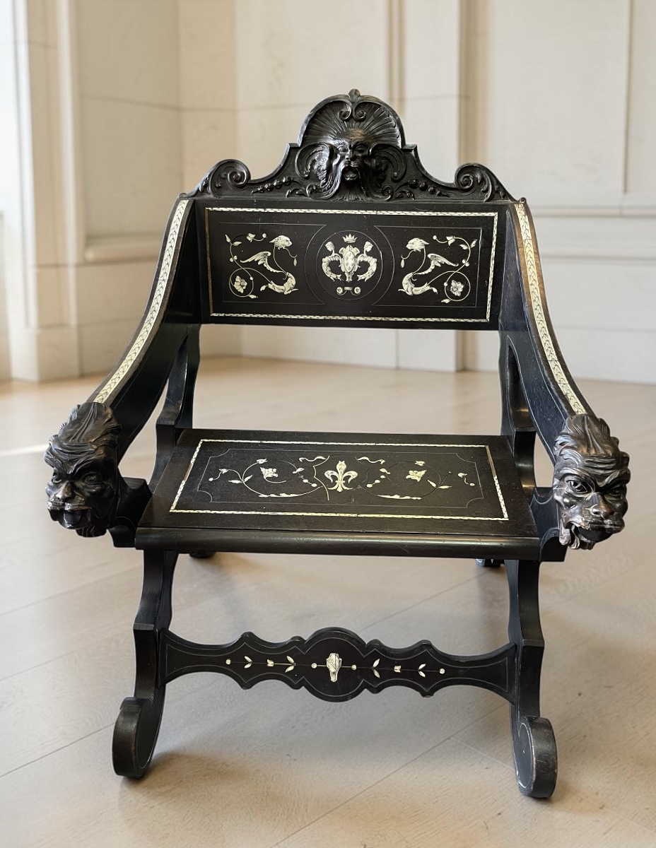 Italian Ebonized Wood Armchair With Inlays – 19th Century