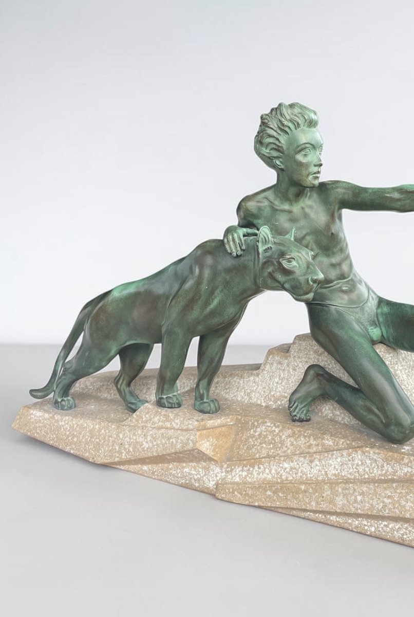 Max Le Verrier, “mowgli And Bagheera,” Art Deco Sculpture, Circa 1930-photo-1