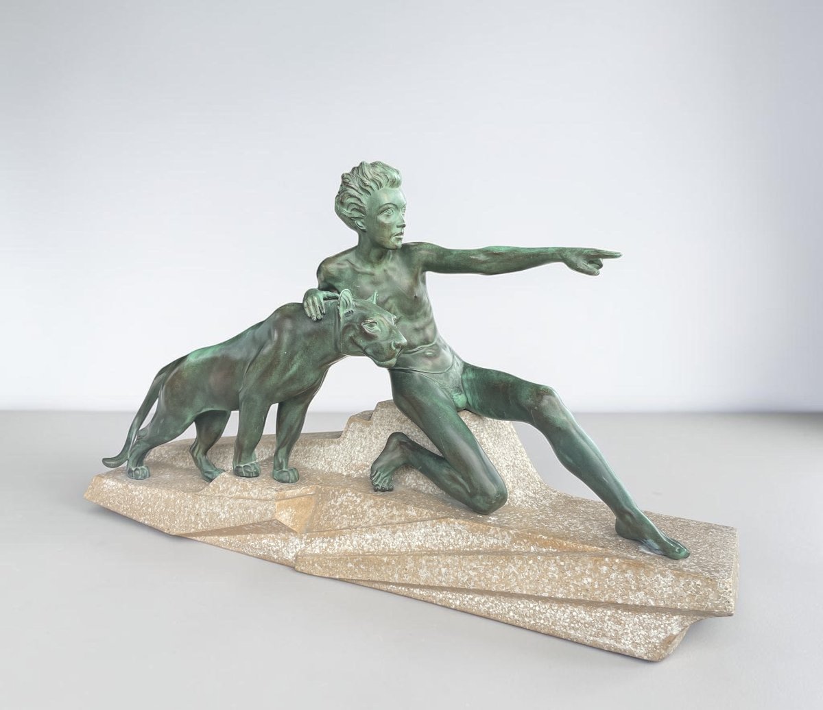 Max Le Verrier, “mowgli And Bagheera,” Art Deco Sculpture, Circa 1930