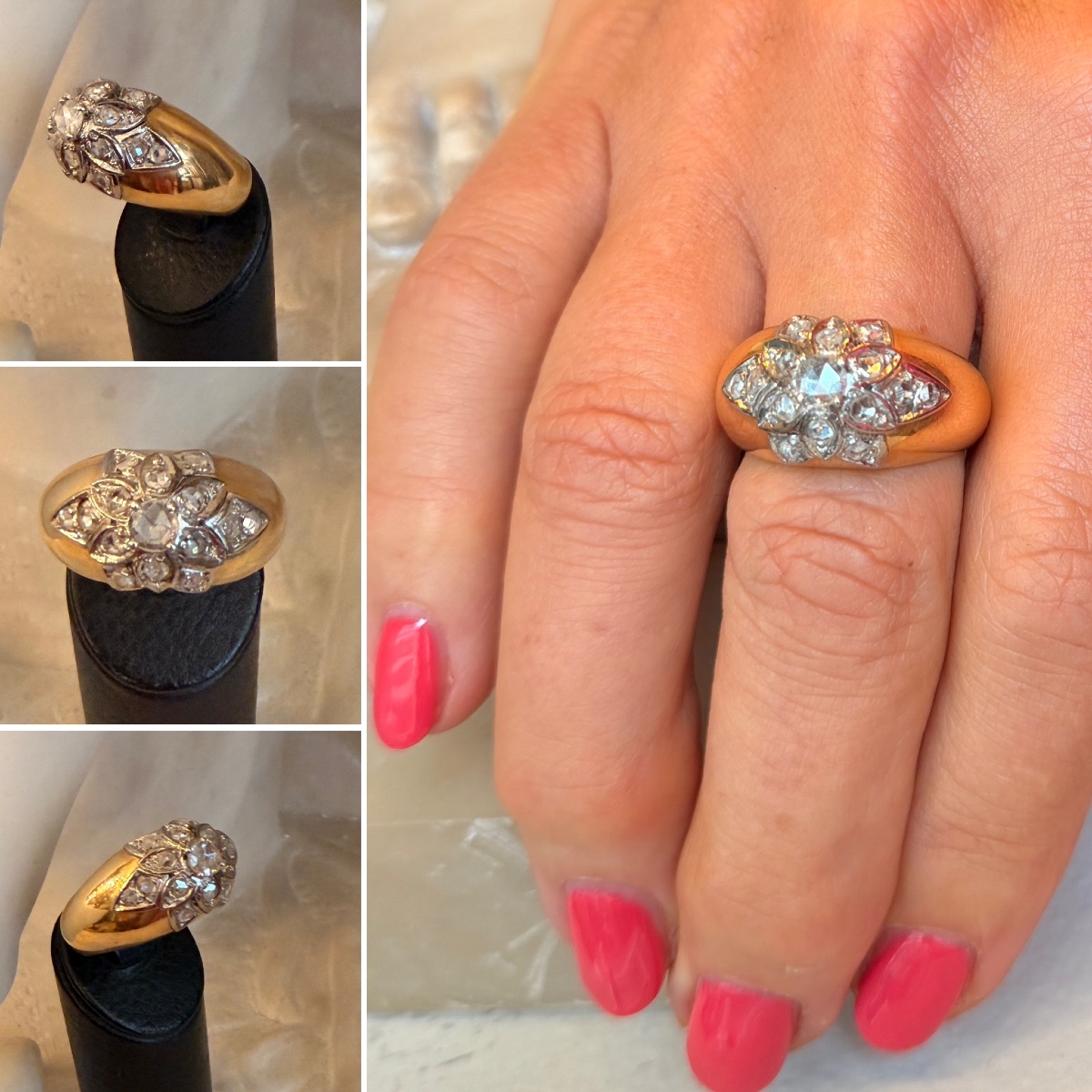 Bague Art Déco en or jaune 18 carats et diamants taille ancienne,  vers 1920-1930