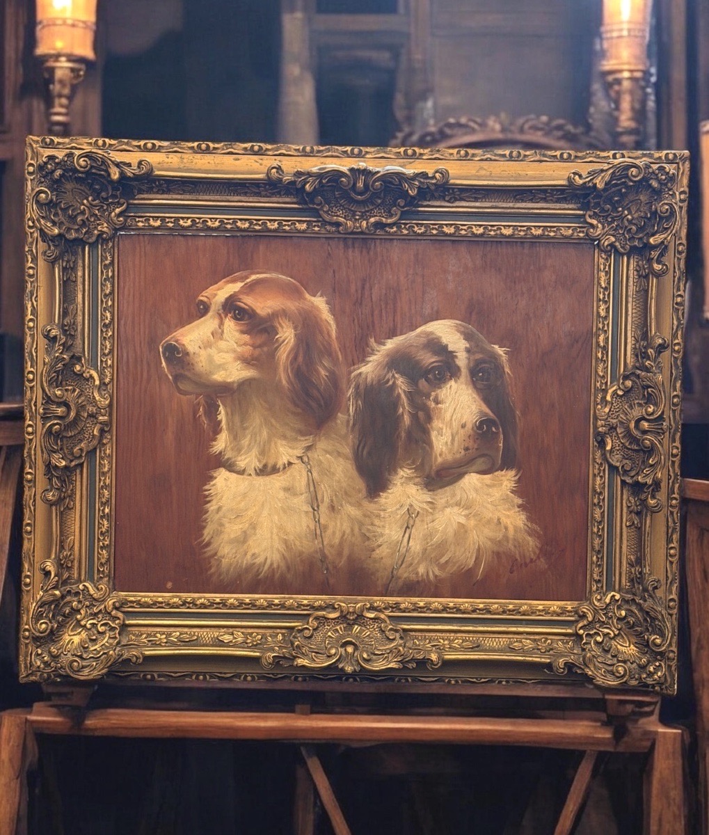 Max Carlier (1872–1938) — Portrait Of Two Hunting Dogs, Spaniels, Oil On Panel-photo-2
