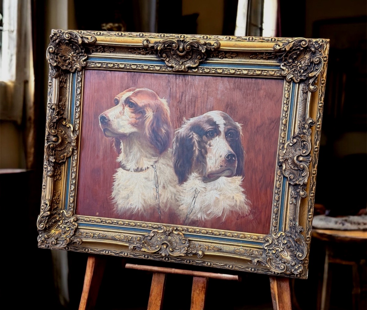 Max Carlier (1872–1938) — Portrait Of Two Hunting Dogs, Spaniels, Oil On Panel-photo-3