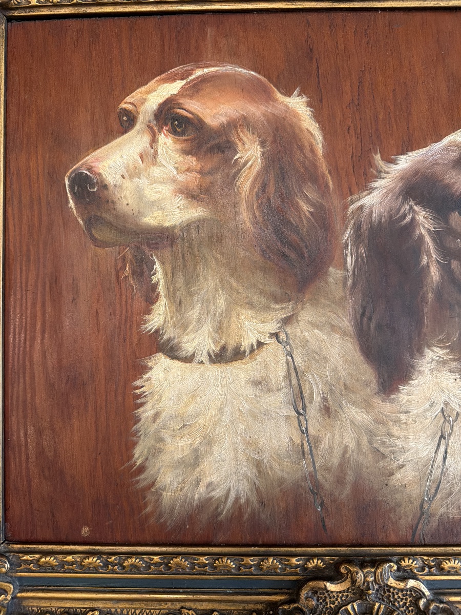 Max Carlier (1872–1938) — Portrait Of Two Hunting Dogs, Spaniels, Oil On Panel-photo-6