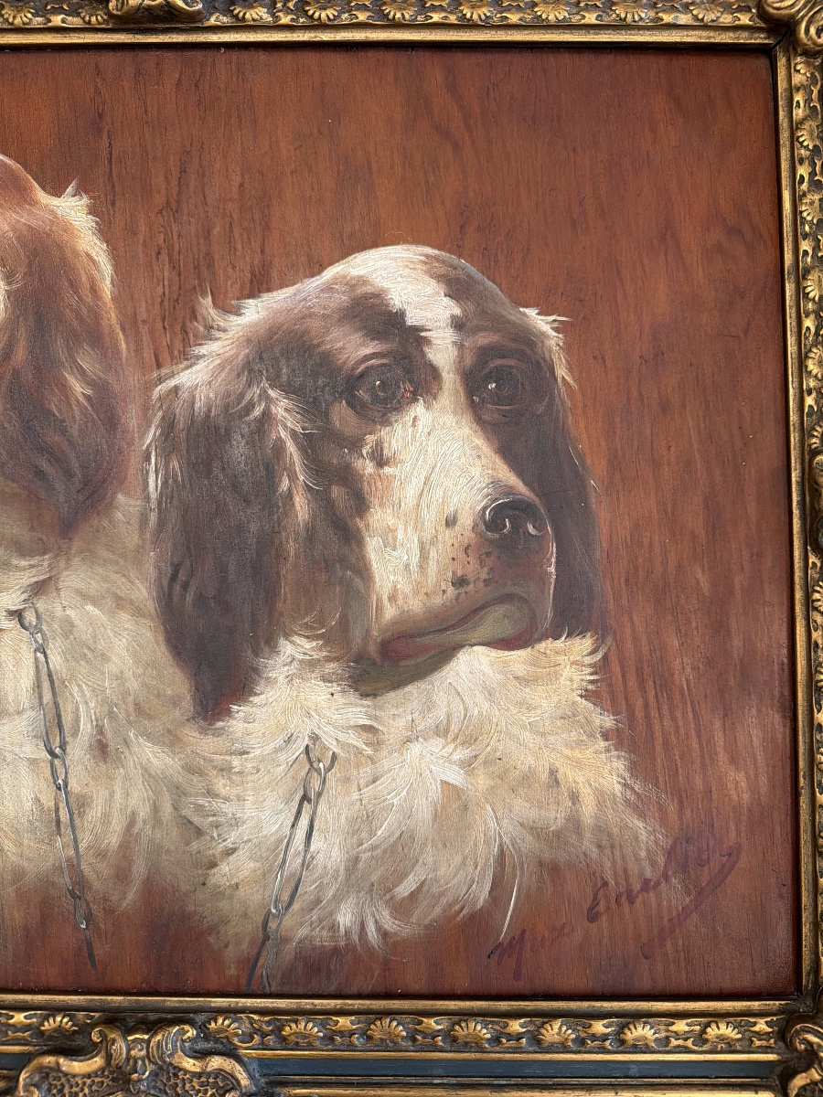 Max Carlier (1872–1938) — Portrait Of Two Hunting Dogs, Spaniels, Oil On Panel-photo-7