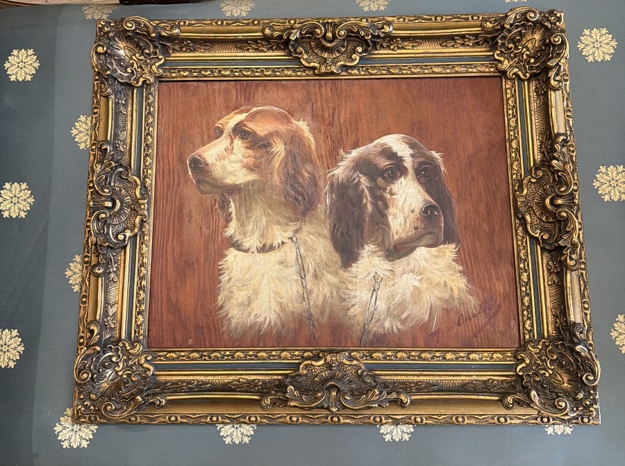 Max Carlier (1872–1938) — Portrait Of Two Hunting Dogs, Spaniels, Oil On Panel