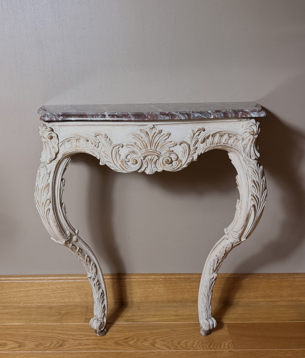 Console de style Louis XV, époque XIXe siècle, dessus de marbre-photo-3