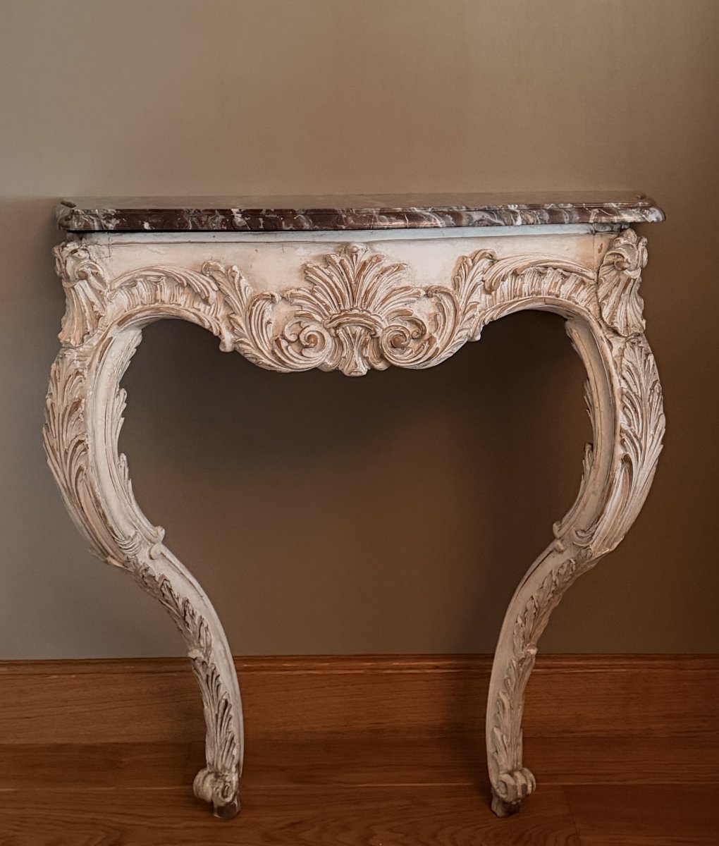 Console de style Louis XV, époque XIXe siècle, dessus de marbre-photo-3