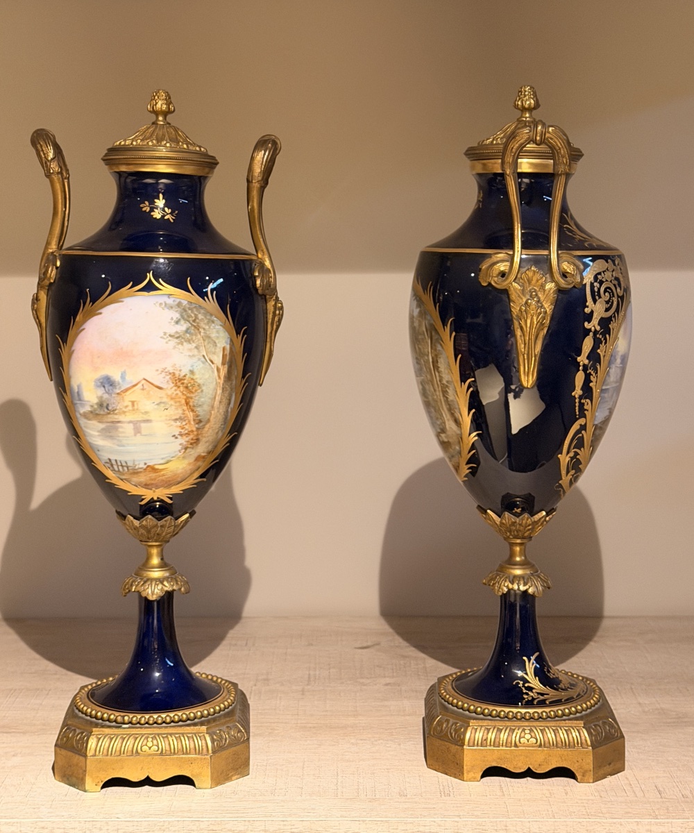 Paire de vases couverts en porcelaine de Sèvres et bronze doré – XIXᵉ siècle-photo-4