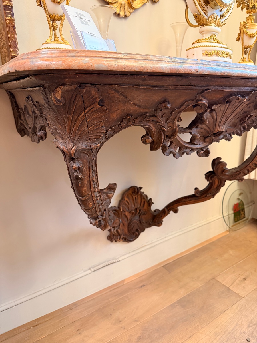 **18th-century Period Wall Console Made Of Carved Wood, With Its Original Marble Top**-photo-2