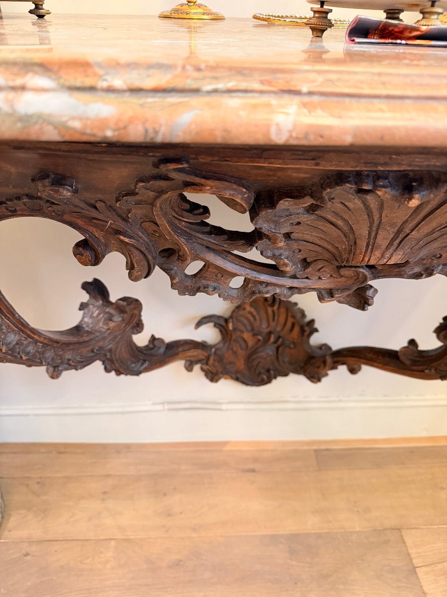 **18th-century Period Wall Console Made Of Carved Wood, With Its Original Marble Top**-photo-4