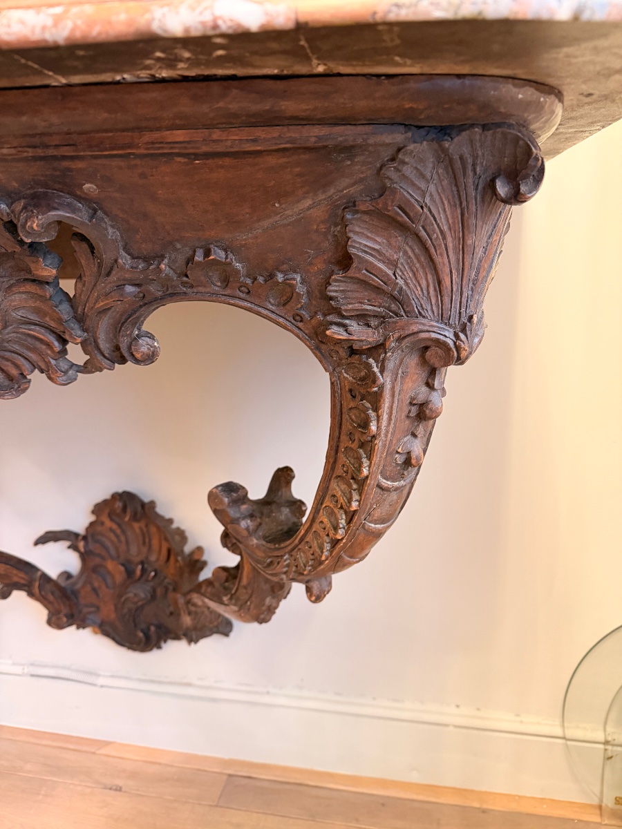 **18th-century Period Wall Console Made Of Carved Wood, With Its Original Marble Top**-photo-2