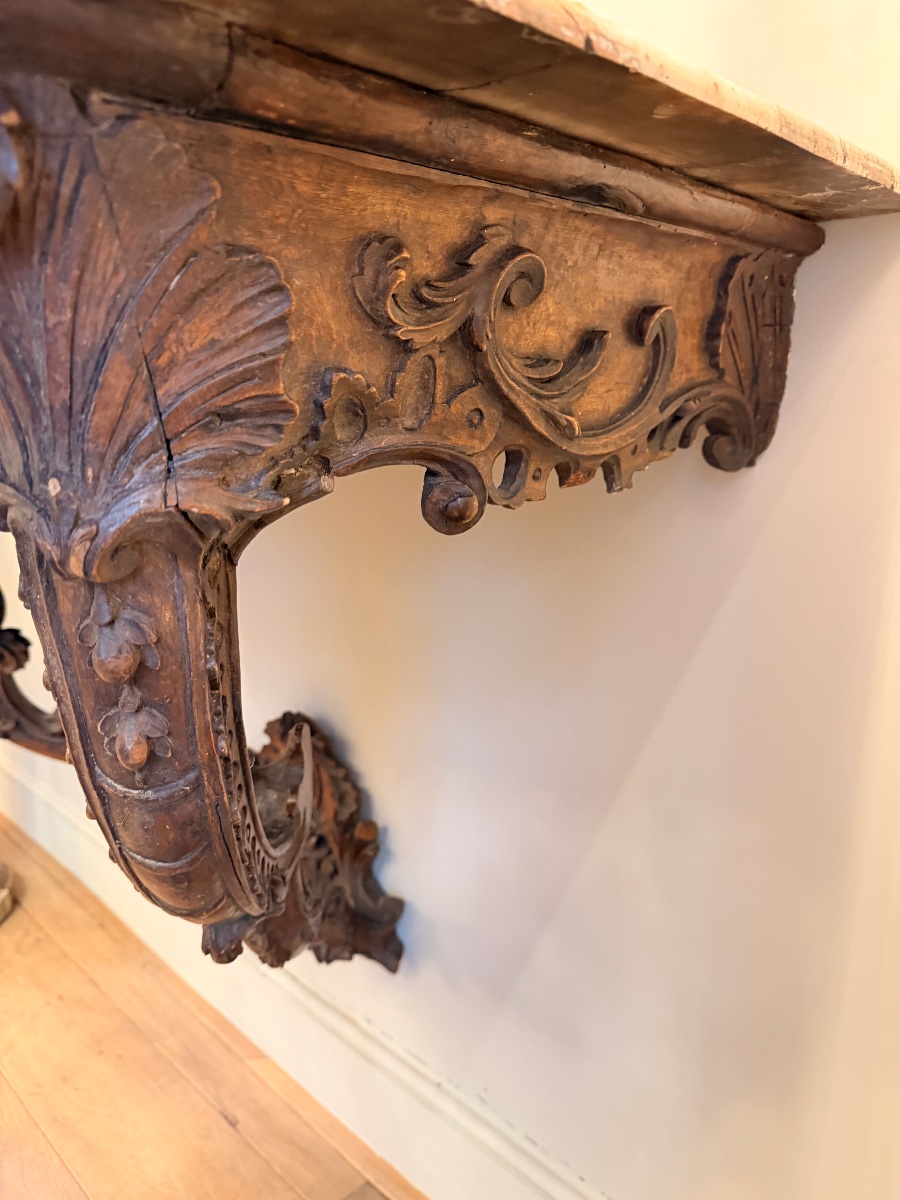 **18th-century Period Wall Console Made Of Carved Wood, With Its Original Marble Top**-photo-3