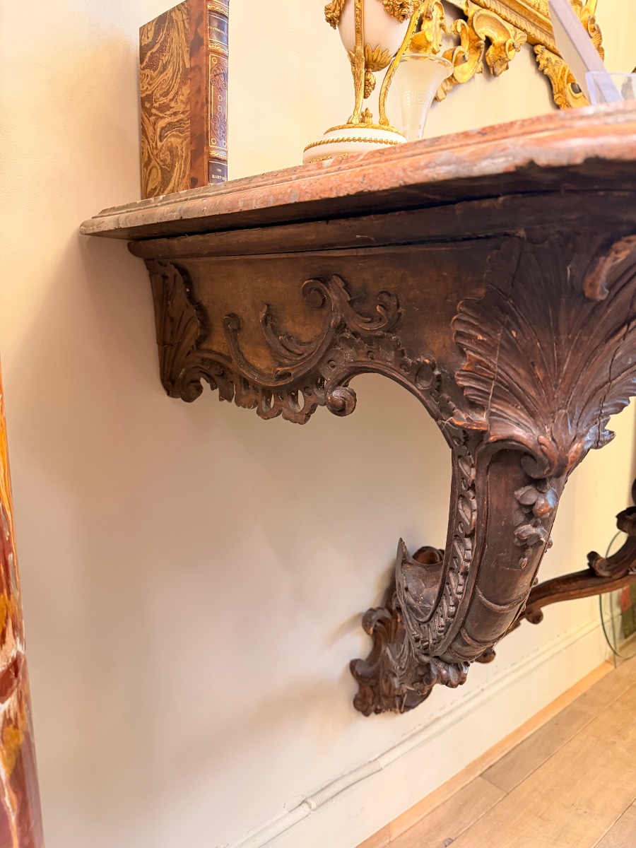 **18th-century Period Wall Console Made Of Carved Wood, With Its Original Marble Top**-photo-4