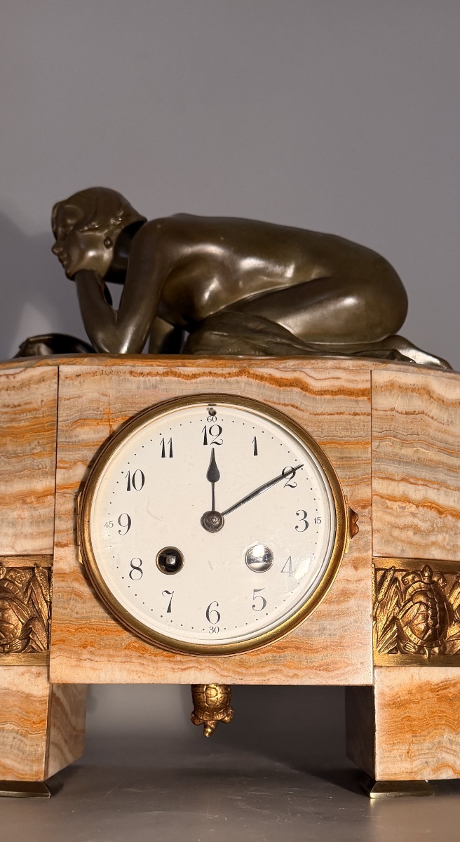 Art Deco Onyx And Bronze Clock Signed By M. Charny – The Young Woman With The Turtle-photo-3