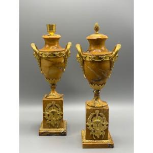 Paire De Cassolette D’époque Empire Formant Des Bougeoirs, Marbre De Sienne 
