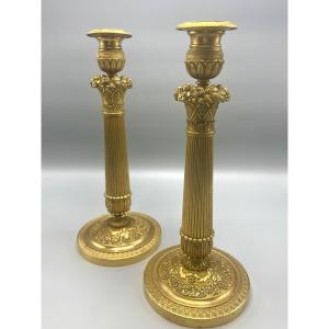 Pair Of Charles X Candlesticks In Chiseled Bronze