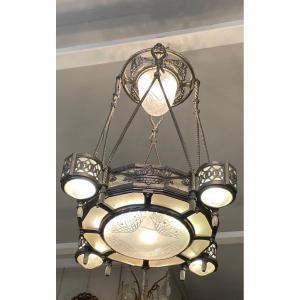 Art Deco Period Chandelier In Silver Bronze