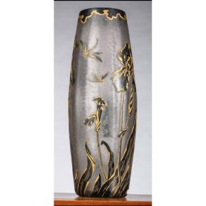 Legras Montjoye Vase Decor With Dragonflies And Flowers