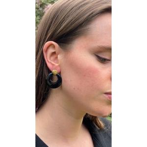 Paire De Boucles D’oreilles En Or Et Onyx