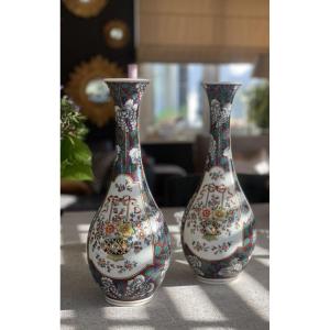 Pair Of Polychrome Porcelain Baluster Vases With Flowers Decoration 