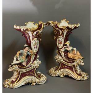 Pair Of Polychrome Porcelain Vases, Old Paris, 19th Century