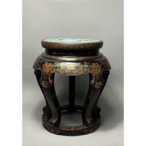 Chinese Lacquered Stool, Cloisonné Shelf, 19th Century.