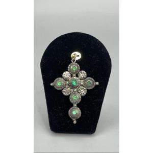 Silver Cross Set With Cabochon Emeralds, European Work From The 18th Century (netherlands Or 