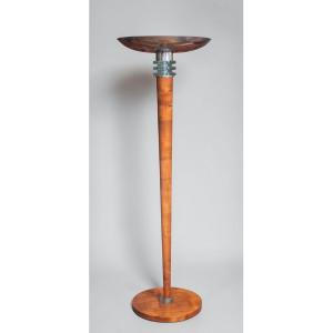 Lampadaire d’époque Art Déco en bois, métal chromé et verre