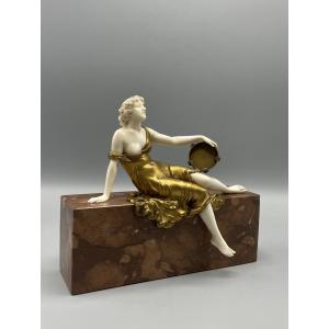 Chryséléphantine Jeune femme au tambourin époque art déco Ferdinand Preiss