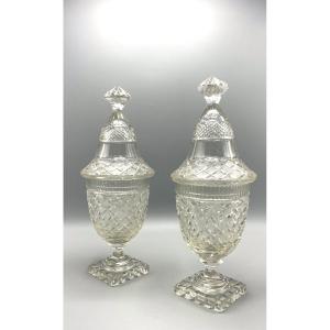 Paire de drageoirs couverts en cristal taillé, France XIXᵉ siècle