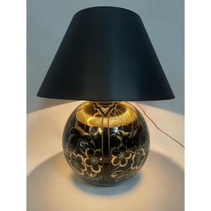 Art Deco Lamp Made Of Engraved And Gilded Black Glass, Signed Scailmont – Belgium, Circa 1930