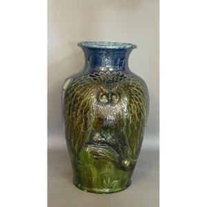 Art Nouveau Glazed Stoneware Vase With Owl Decoration – Bohemia (turn-teplitz), Circa 1900