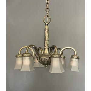 Lustre Art Déco en bronze argenté à six lumières, vers 1930
