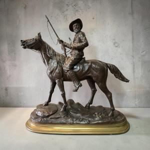 Sculpture en bronze – Cow-boy à cheval Signé Bouret Delabrièrre – Époque XIXe siècle