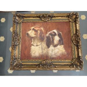 Max Carlier (1872–1938) — Portrait Of Two Hunting Dogs, Spaniels, Oil On Panel