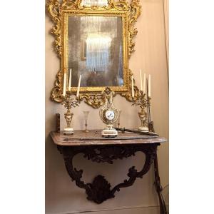 **18th-century Period Wall Console Made Of Carved Wood, With Its Original Marble Top**