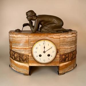 Art Deco Onyx And Bronze Clock Signed By M. Charny – The Young Woman With The Turtle