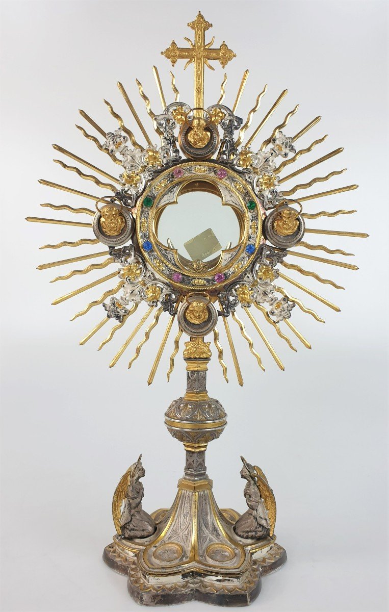Monstrance In Dore Silver With Stones In A Case-photo-2