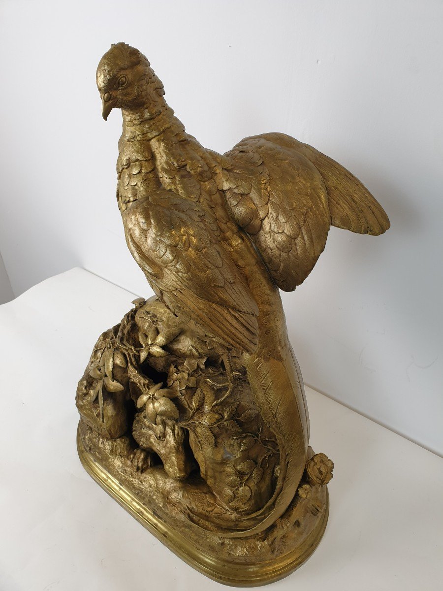 Grande Figure En Bronze Faisan Et Renard A. Dubucand 70 Cm-photo-5
