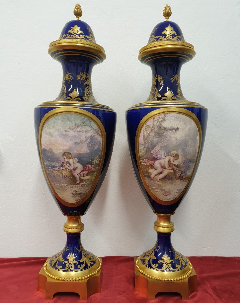Pair Of Sevres Porcelain Vases F. Bellanger Bronze Dore 73 Cm-photo-4