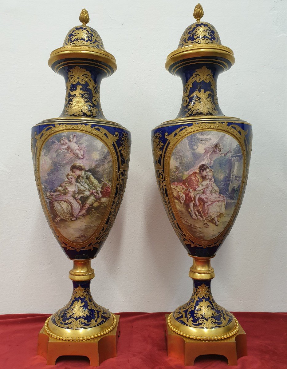 Pair Of Sevres Porcelain Vases F. Bellanger Bronze Dore 73 Cm