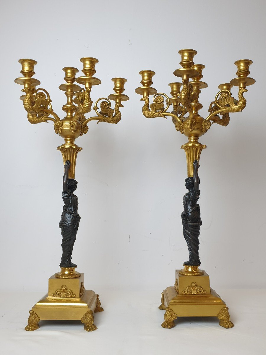 Paire De Candelabres Empire Figurale Debut 19eme Siecle-photo-4