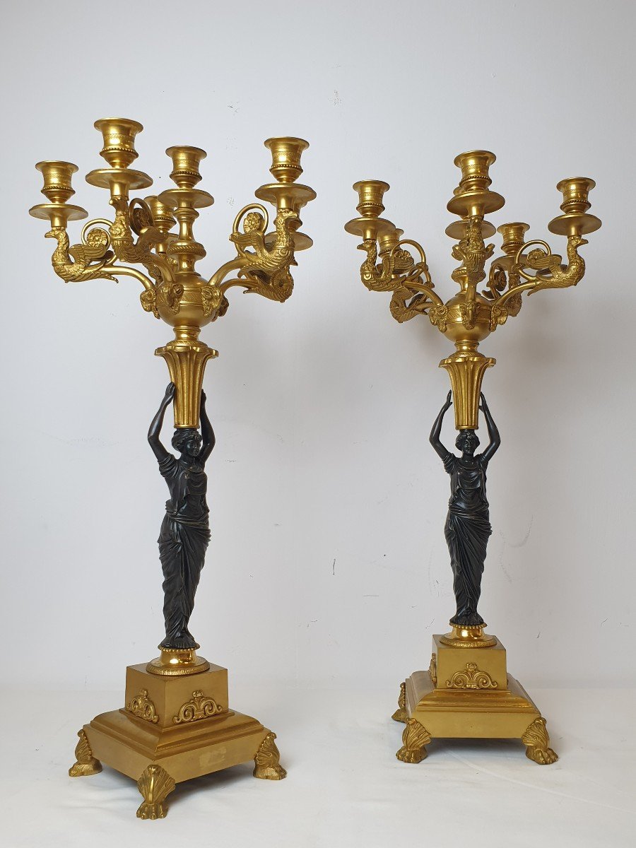 Paire De Candelabres Empire Figurale Debut 19eme Siecle-photo-8