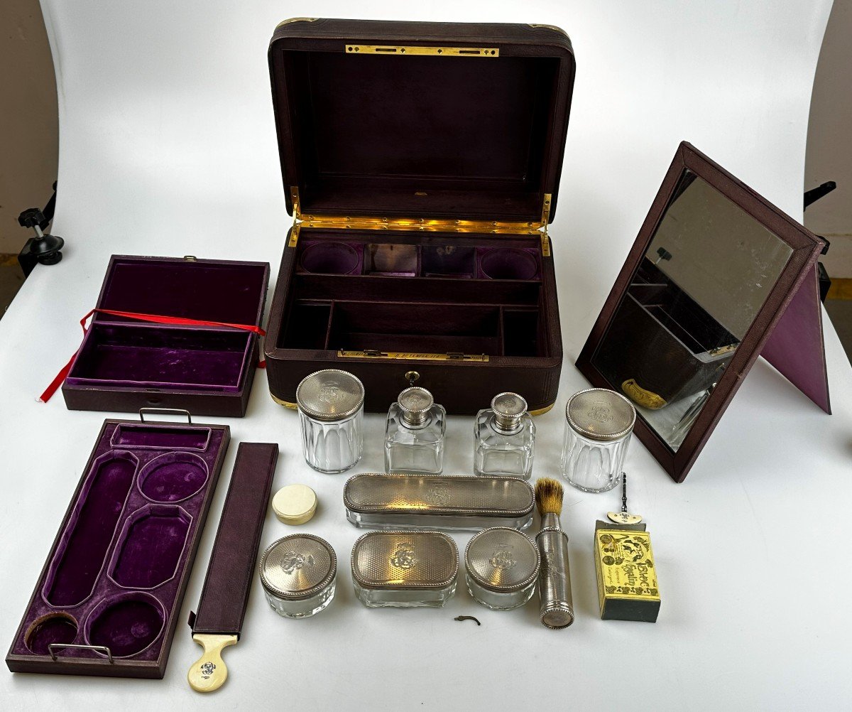 Silver Leather Toiletry Set Signed Sormani For Men Napoleon III-photo-4