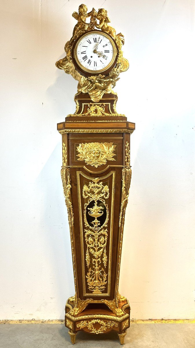 Horloge De Parquet Louis XVI signee E. Khan apres Jean-Henri Riesener 230 Cm