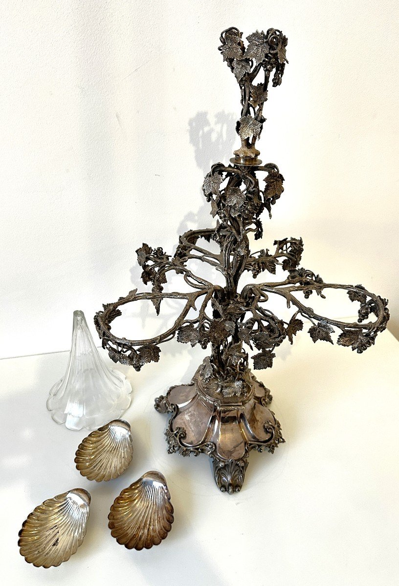 Jardinière En Bronze Argente Et  Cristal 19ème Vigne Et Coquilles Pièce Maîtress 81 cm-photo-8