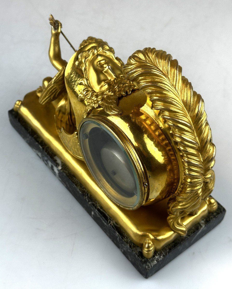 Empire Clock Cupid Under The Helmet Of Minerva 19th Century Gilt- Brozne Marble-photo-6