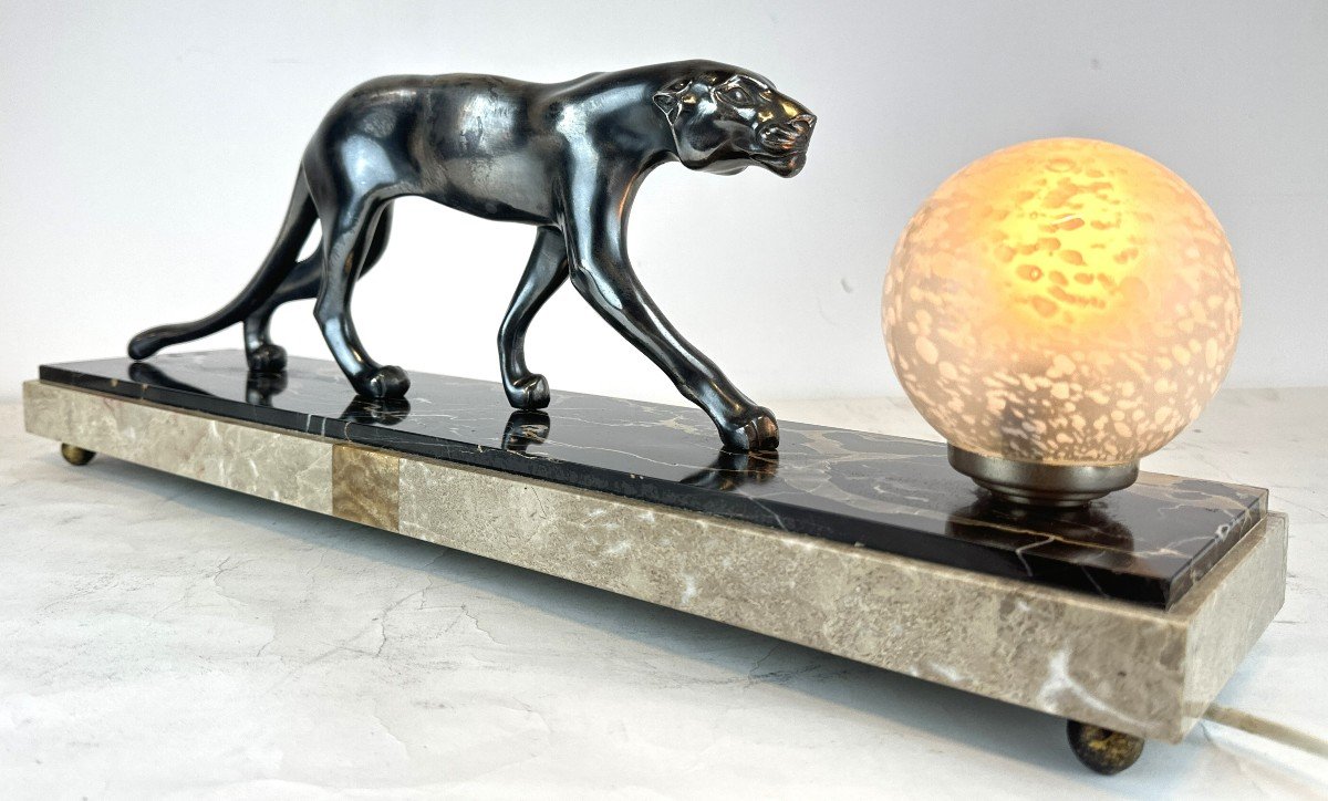 Art Deco Panther Lamp Signed M. Font 1930 Bronze Silver Marble-photo-4